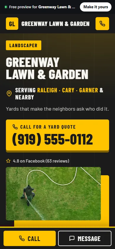 Example website for a landscaper in Raleigh, NC, on a phone