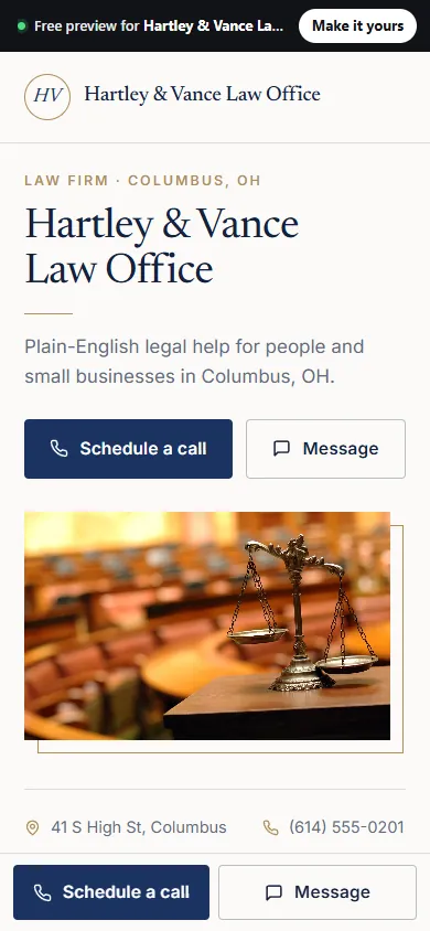 Example website for a law office in Columbus, OH, on a phone