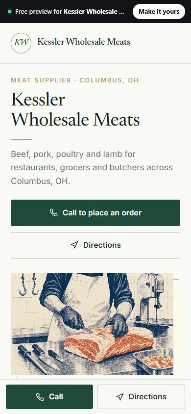 Example website for a meat supplier in Columbus, OH, on a phone