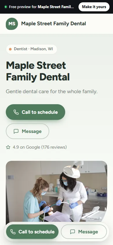 Example website for a dentist in Madison, WI, on a phone