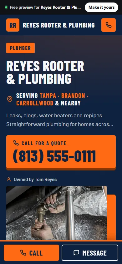 Example website for a plumber in Tampa, FL, on a phone
