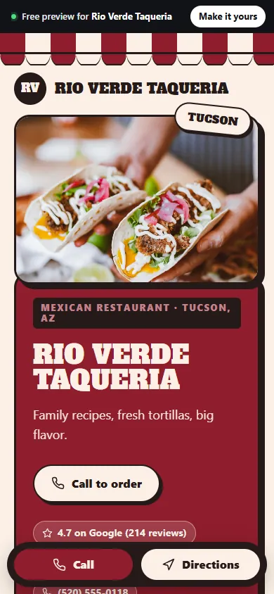 Example website for a taqueria in Tucson, AZ, on a phone