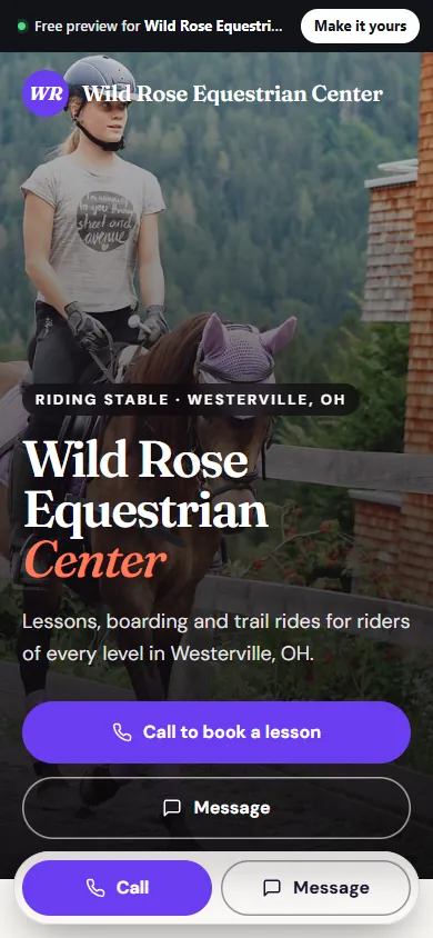 Example website for a riding stable in Westerville, OH, on a phone