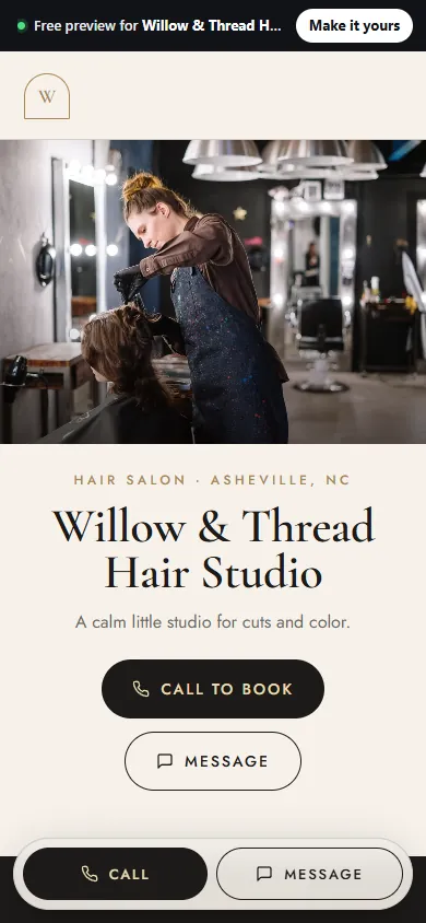 Example website for a hair salon in Asheville, NC, on a phone